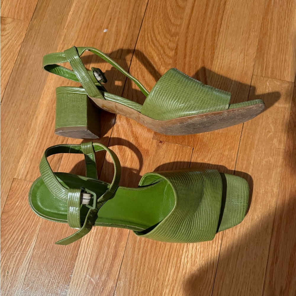 Everlane Green Alligator Block Heel Sandals